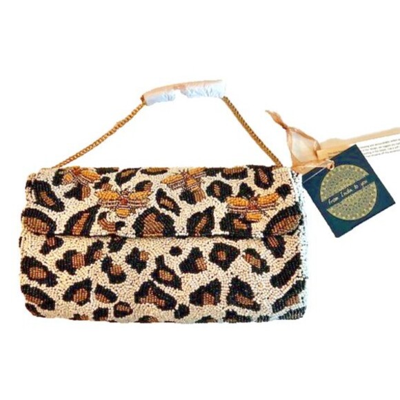 Beaded Leopard Print with Bees Shoulder Bag Chain Strap From India to You NWT - Picture 1 of 10
